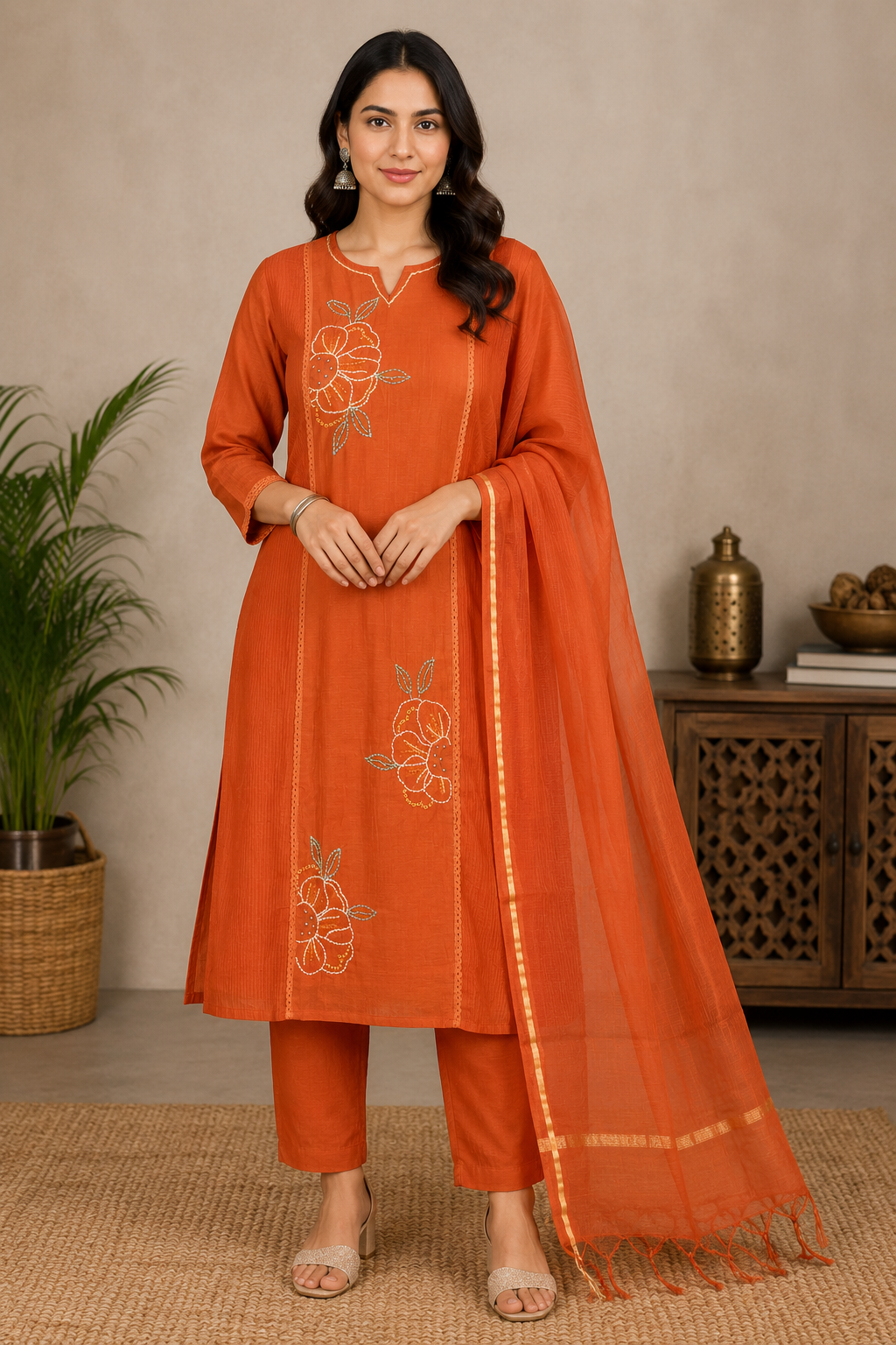 Embroidered Rust Kurta Set