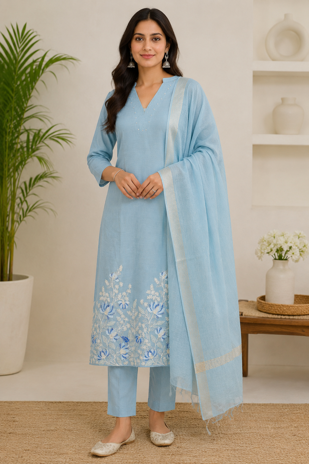 Light Blue Cotton Kurta Set