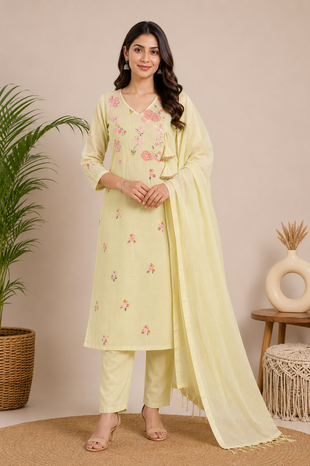 Yellow Floral Embroidered Kurta Set