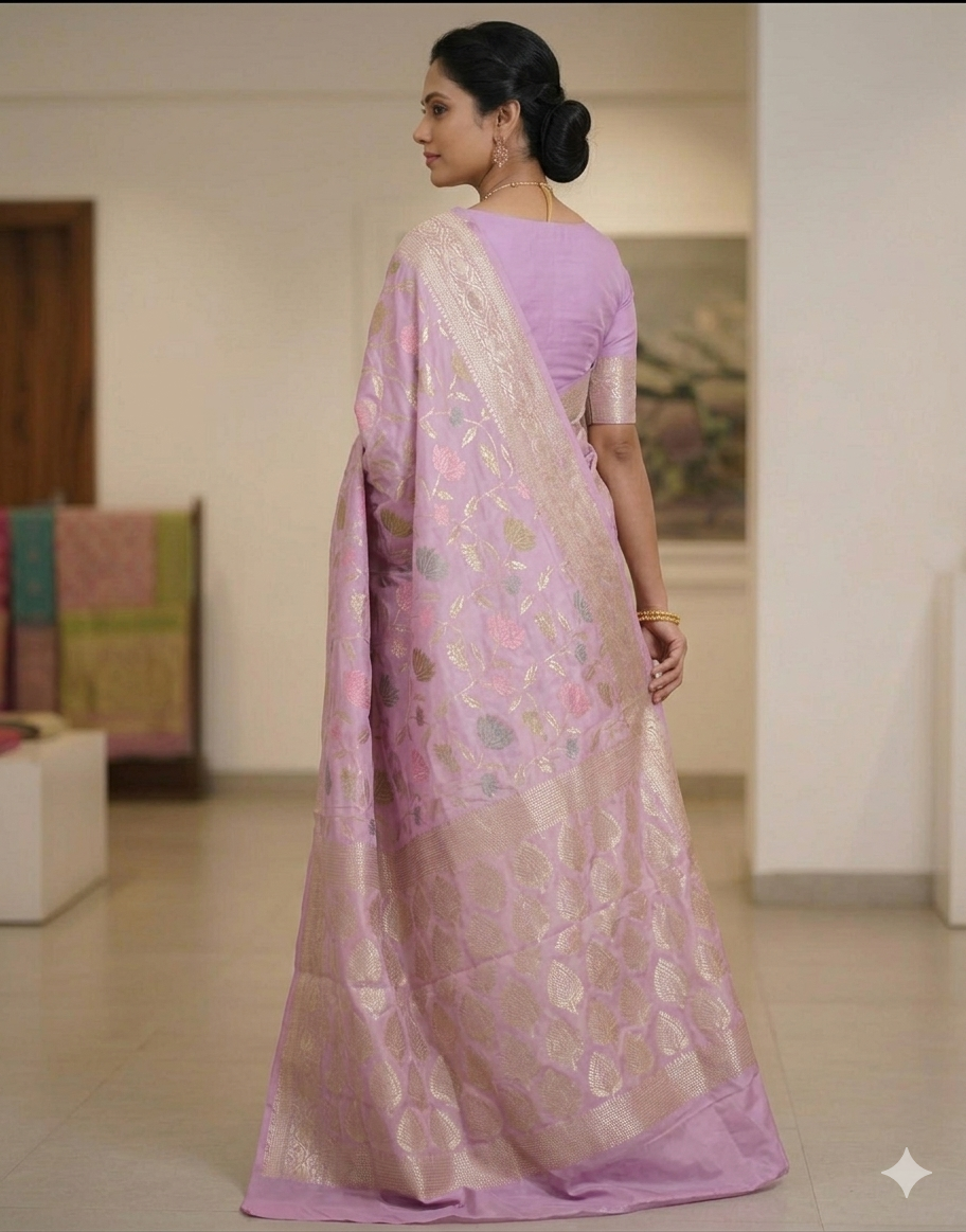 Lavender Silk Saree with Zari Border | Lightweight Office, Party & Daily Wear Saree