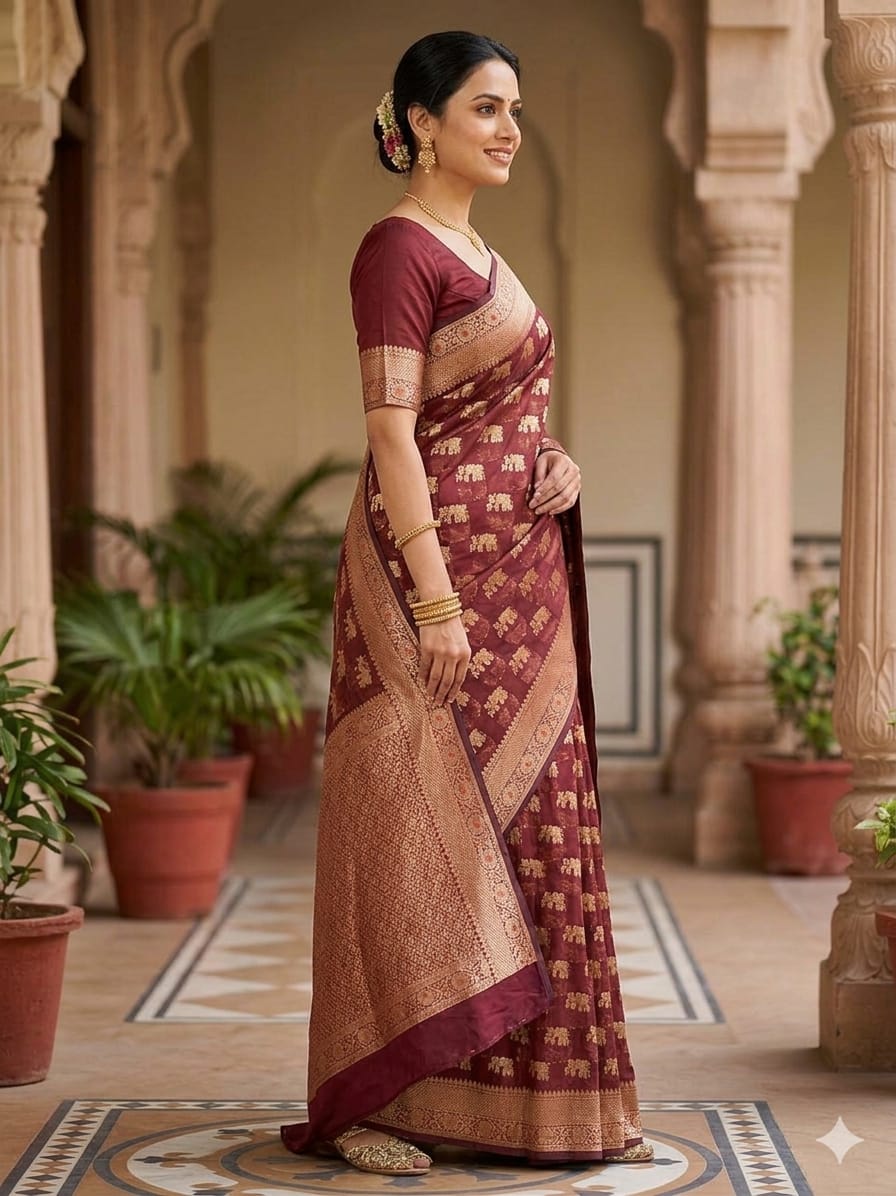 Maroon Cotton Silk Saree with Zari Work | Elegant Office & Festive Wear