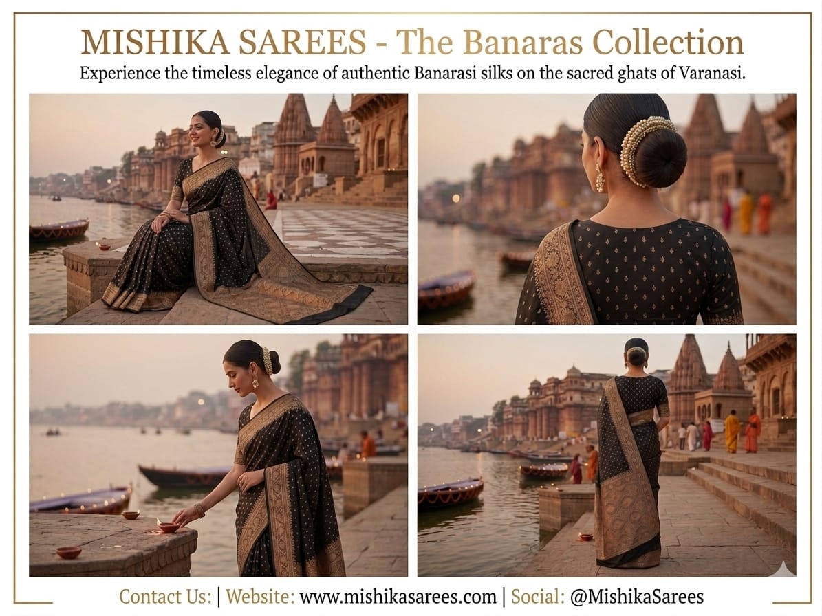 Regal Midnight Black Mashru Silk Saree with Antique Copper Zari Pallu