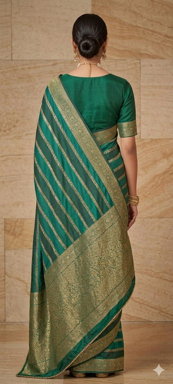 Emerald Green Mashru Silk Saree with Golden Zari Weaving | Lightweight Party Wear Saree | Mishika Sarees