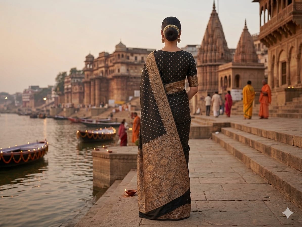 Regal Midnight Black Mashru Silk Saree with Antique Copper Zari Pallu