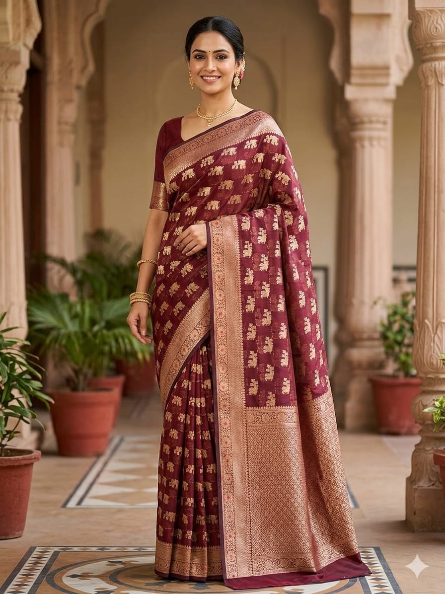 Maroon Cotton Silk Saree with Zari Work | Elegant Office & Festive Wear