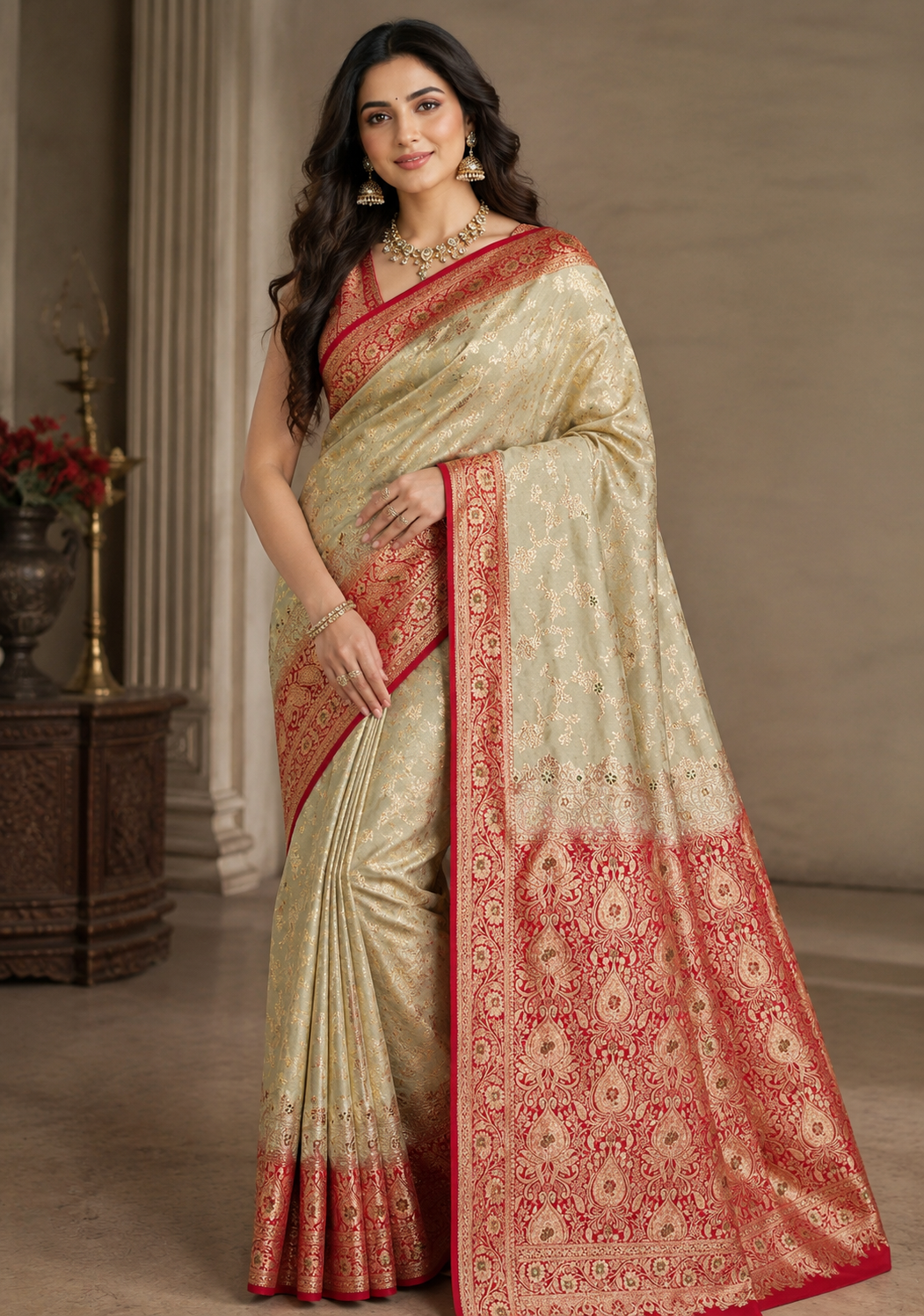 Katan Silk Meenakari Banarasi Saree with Contrast Border & Gold Zari Weaving