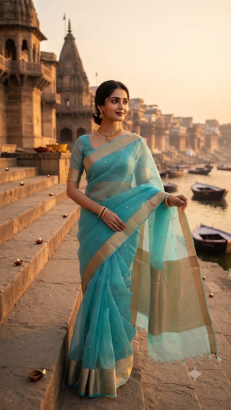 Banarasi Handloom Kora Silk Saree in Turquoise Blue