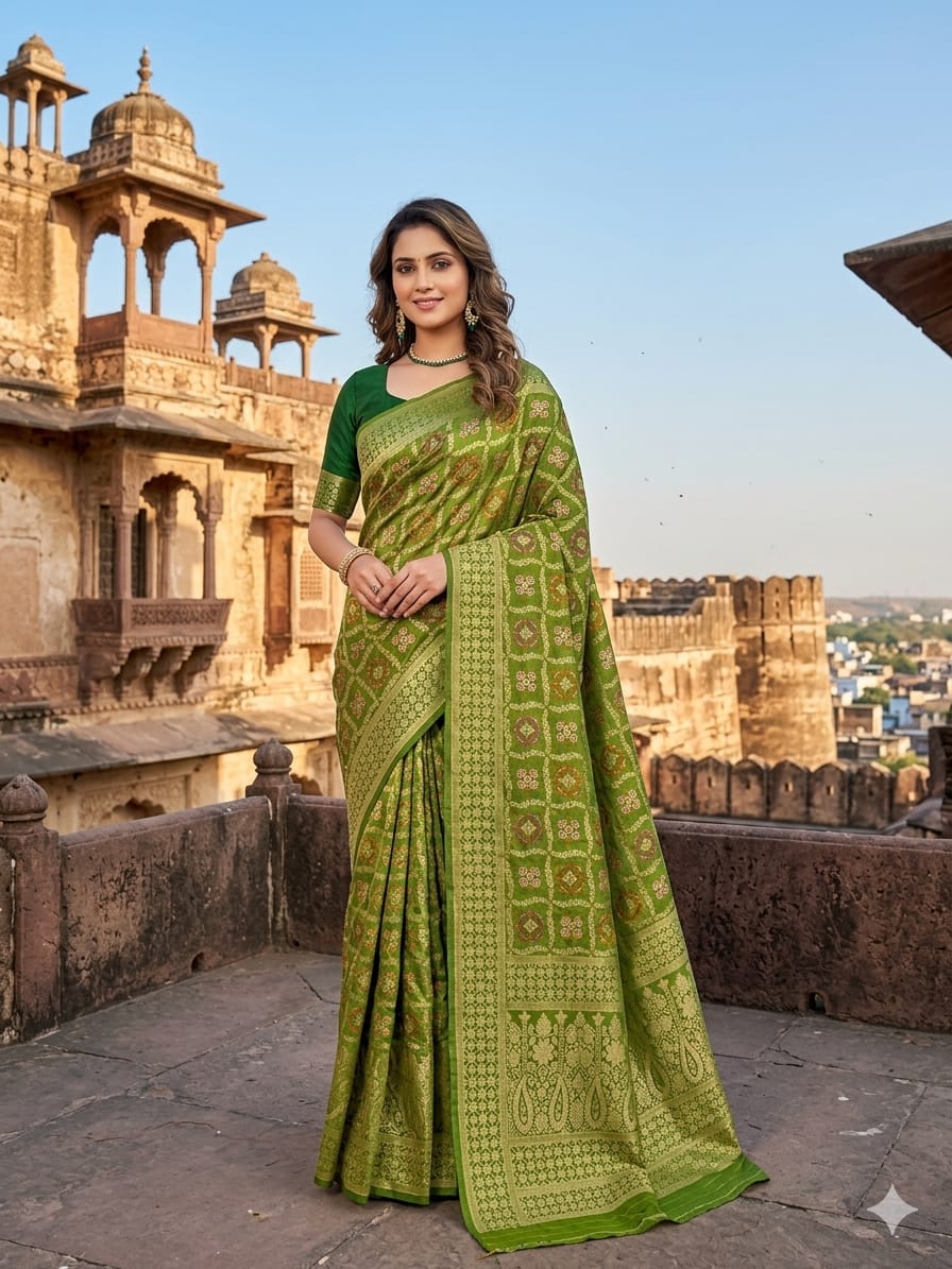 Green Bandhej Saree for Women – Traditional Tie-Dye Ethnic Wear with Elegant Border