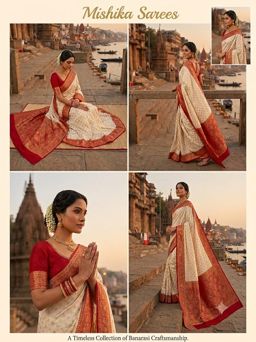 Ivory White Katan Silk Banarasi Saree with Red Zari Border & Gold Buti Work