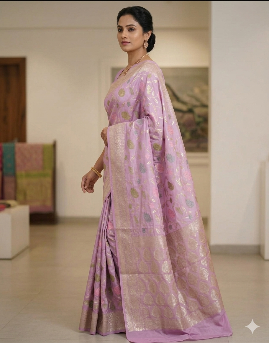 Lavender Silk Saree with Zari Border | Lightweight Office, Party & Daily Wear Saree