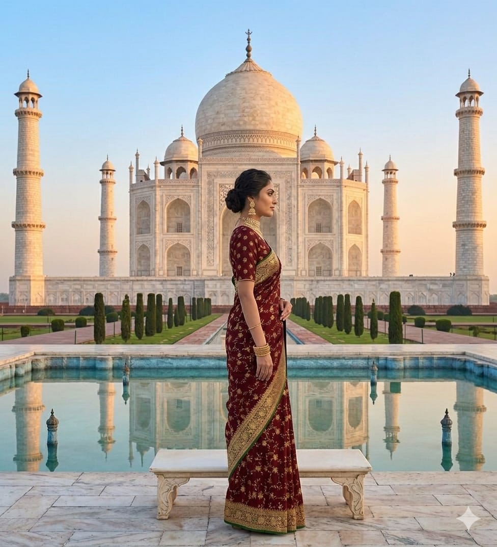 Elegant Maroon Jaal Saree with Green Zari Border – Traditional Festive & Wedding Wea