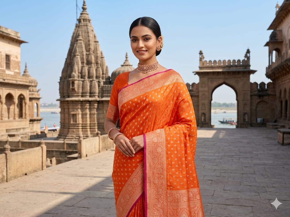 Radiant Tangerine Orange Mashru Silk Saree with Ornate Banarasi Zari Pallu | 5.5m Premium Festive Wear with 0.8m Blouse