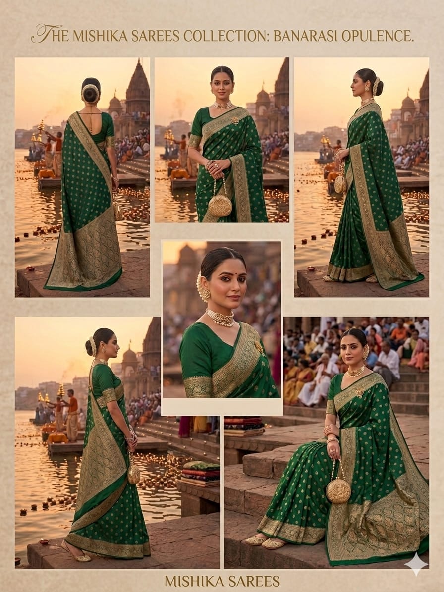 Royal Emerald Green Katan Silk Banarasi Saree | Golden Zari Floral Butis & Ornate Pallu