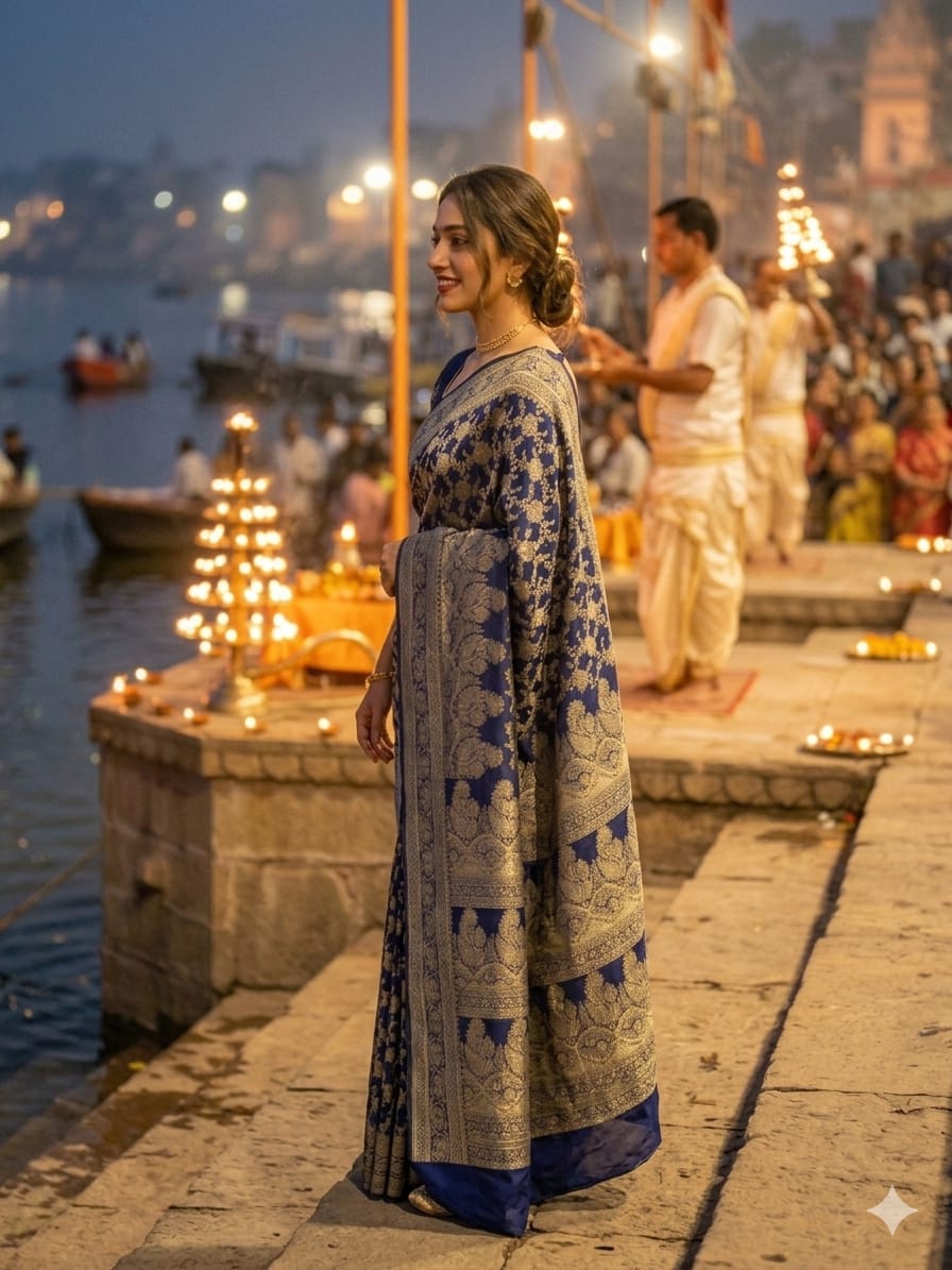 Midnight Blue Katan Silk Jaal Saree with Antique Zari Work – Elegant Occasion Wear