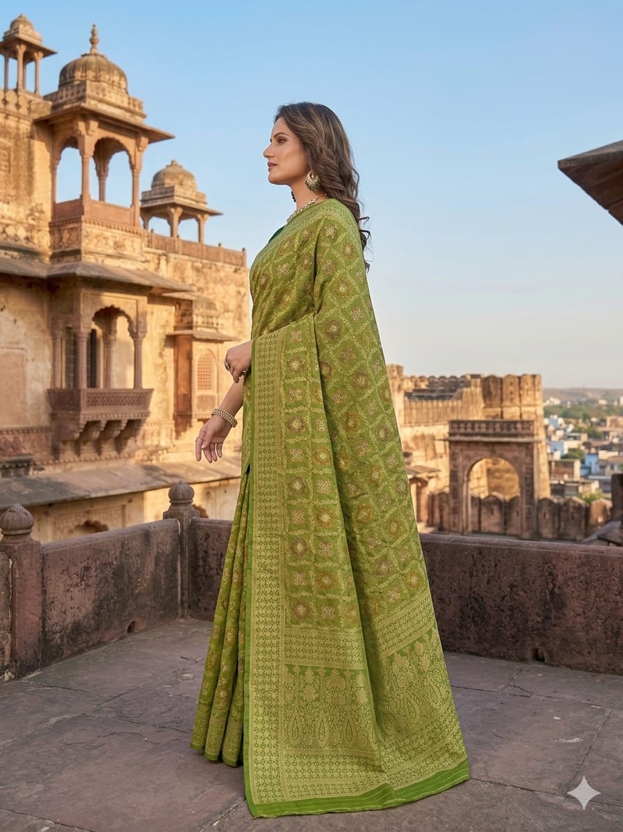 Green Bandhej Saree for Women – Traditional Tie-Dye Ethnic Wear with Elegant Border