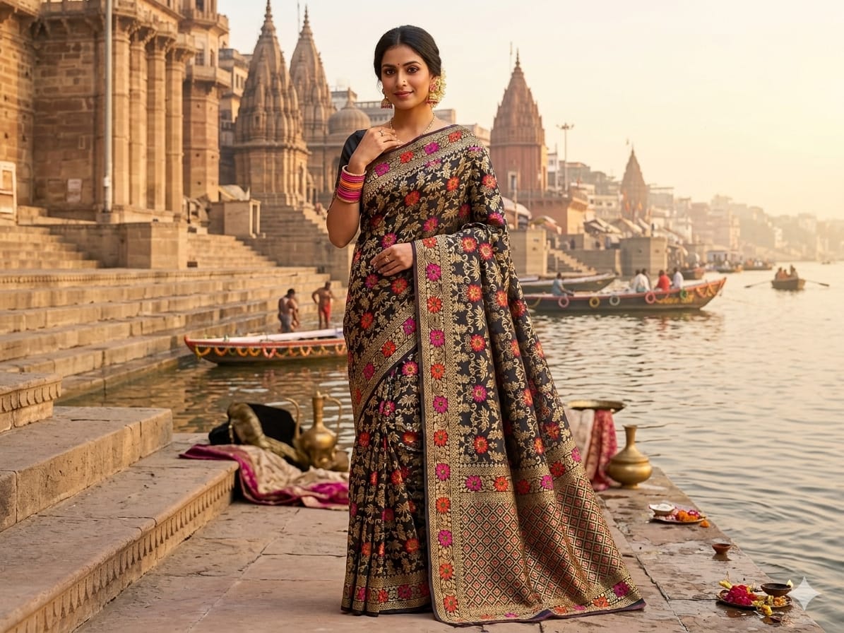 Midnight Black Dola Silk Saree | Exquisite Floral Woven Designer Saree for Elegant Evenings | Mishika Sarees