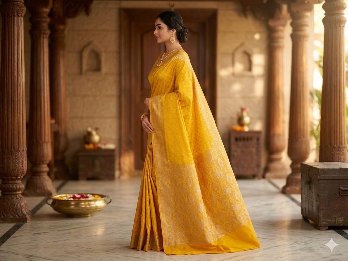 Elegant Yellow Mashru Silk Saree with Woven Zari Pallu | Premium Ethnic Wear