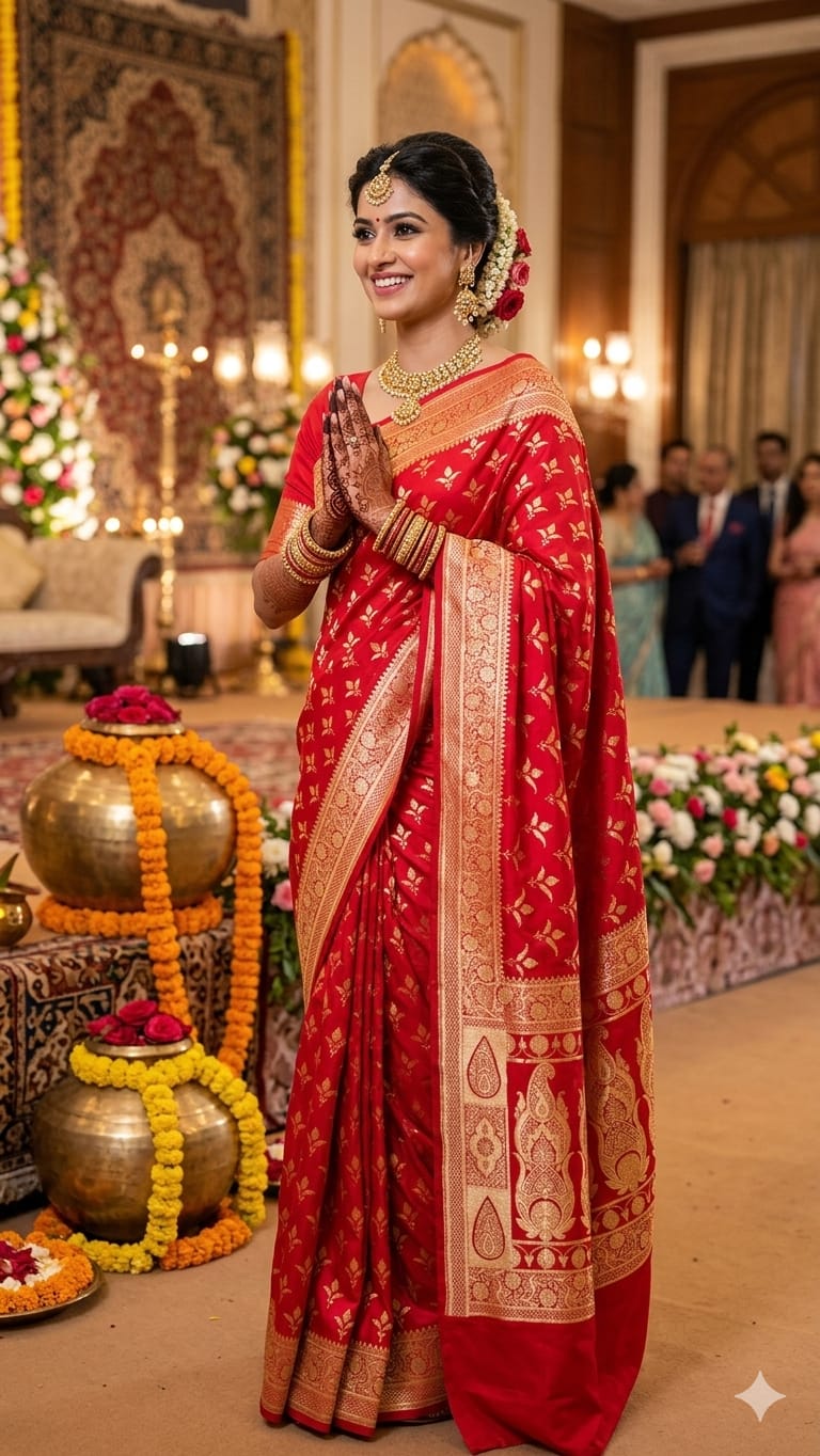 Red Banarasi Silk Saree with Goldeb Zari Work 