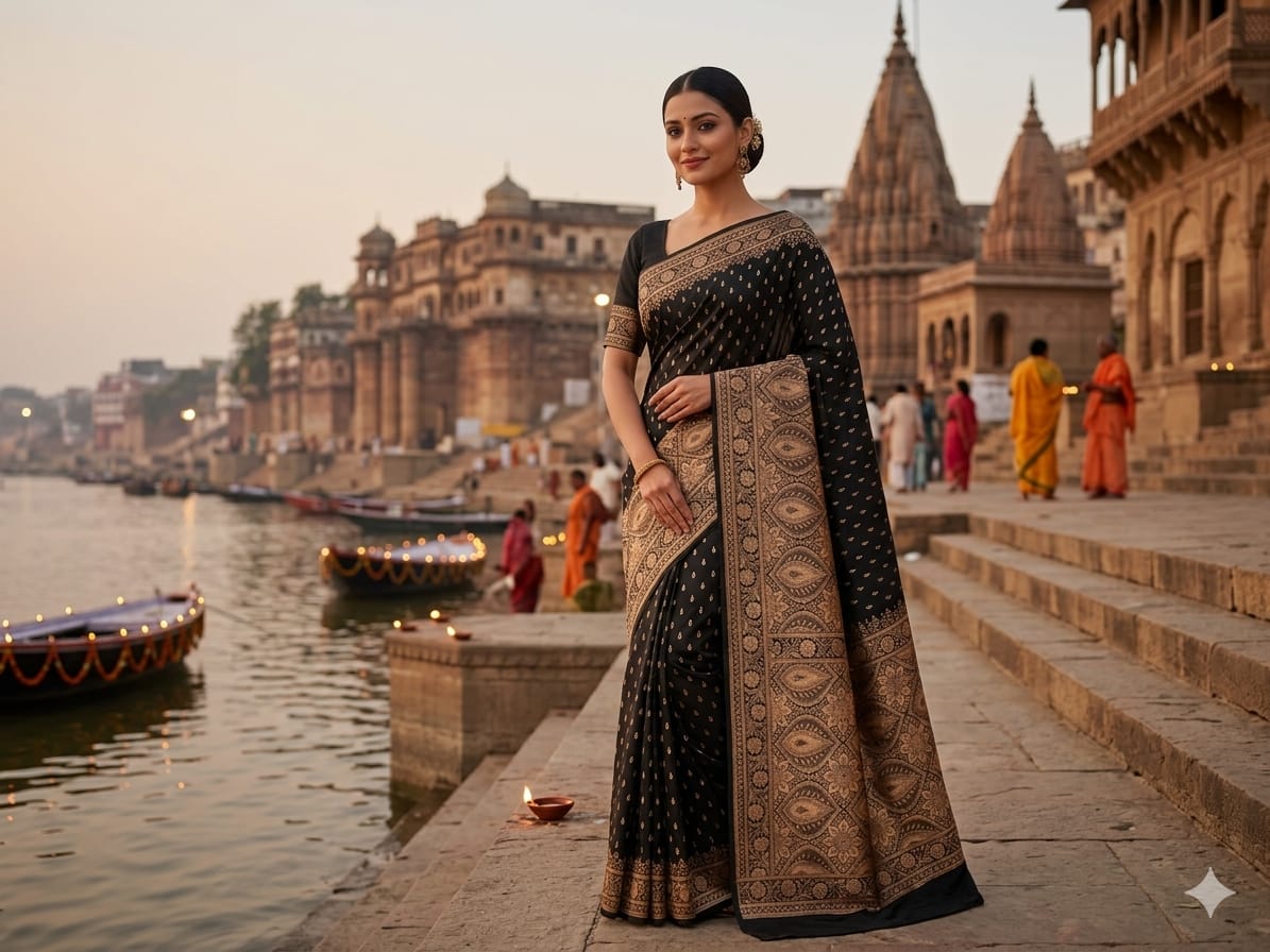 Regal Midnight Black Mashru Silk Saree with Antique Copper Zari Pallu