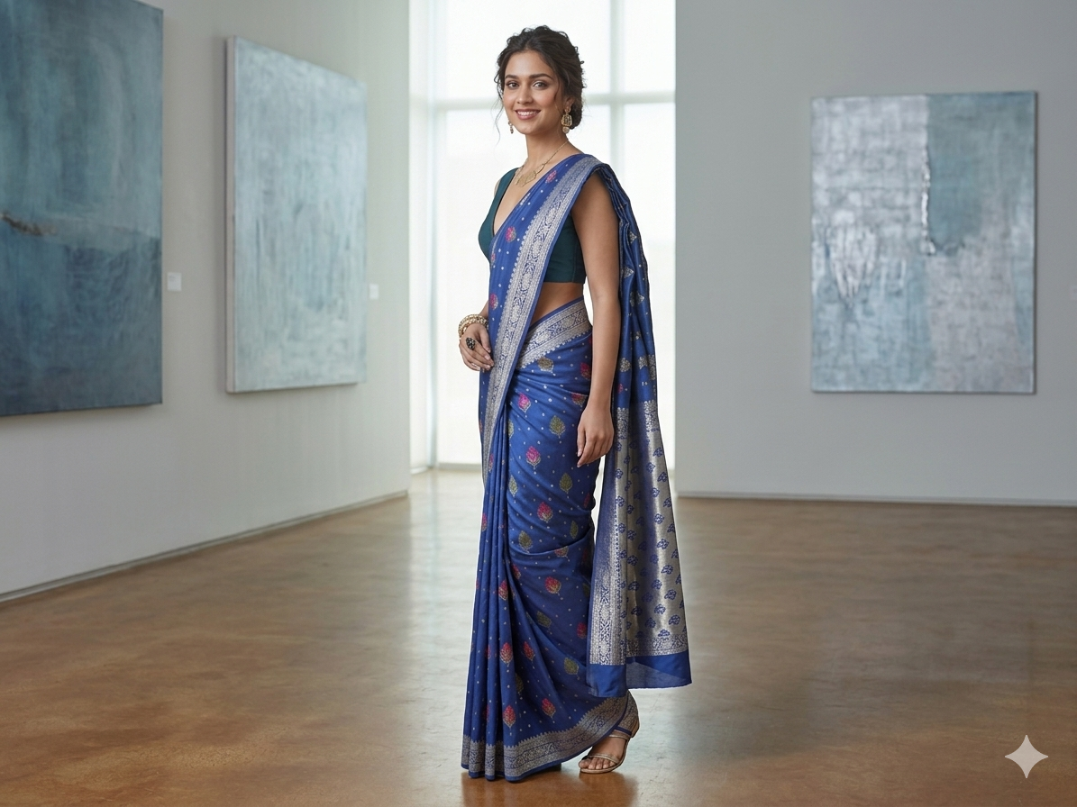 Modern Royal Blue Silk Saree with Silver Zari Border | Elegant Office & Occasion Wear