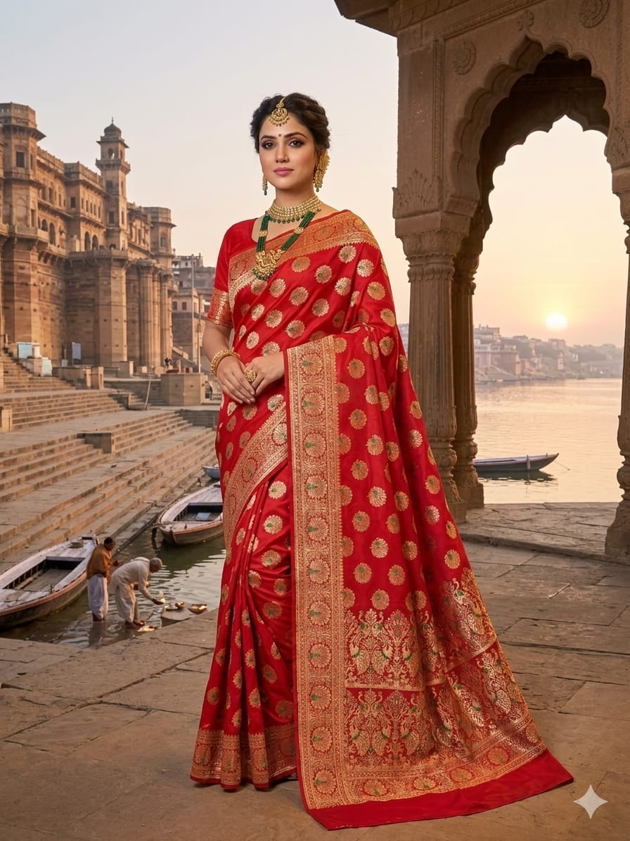 Royal Red Katan Silk Saree with Intricate Peacock Zari Work – Luxury Wedding & Festive Wear
