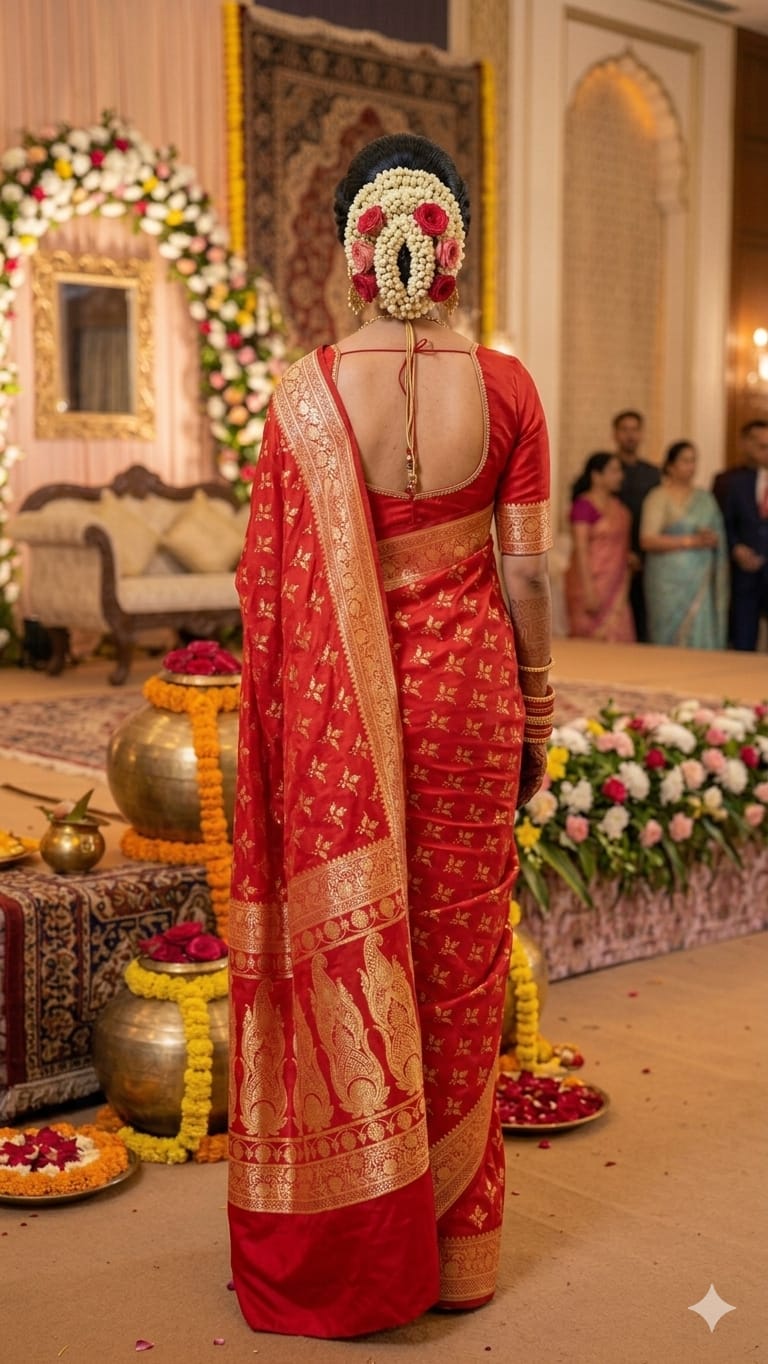 Red Banarasi Silk Saree with Goldeb Zari Work 