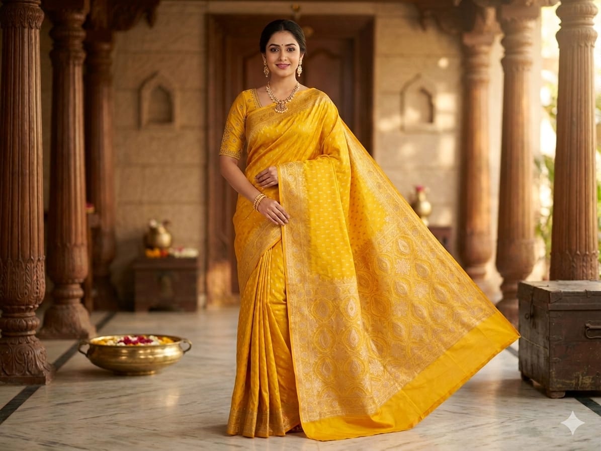Elegant Yellow Mashru Silk Saree with Woven Zari Pallu | Premium Ethnic Wear