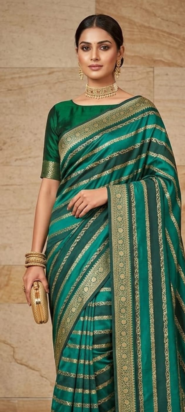 Emerald Green Mashru Silk Saree with Golden Zari Weaving | Lightweight Party Wear Saree | Mishika Sarees