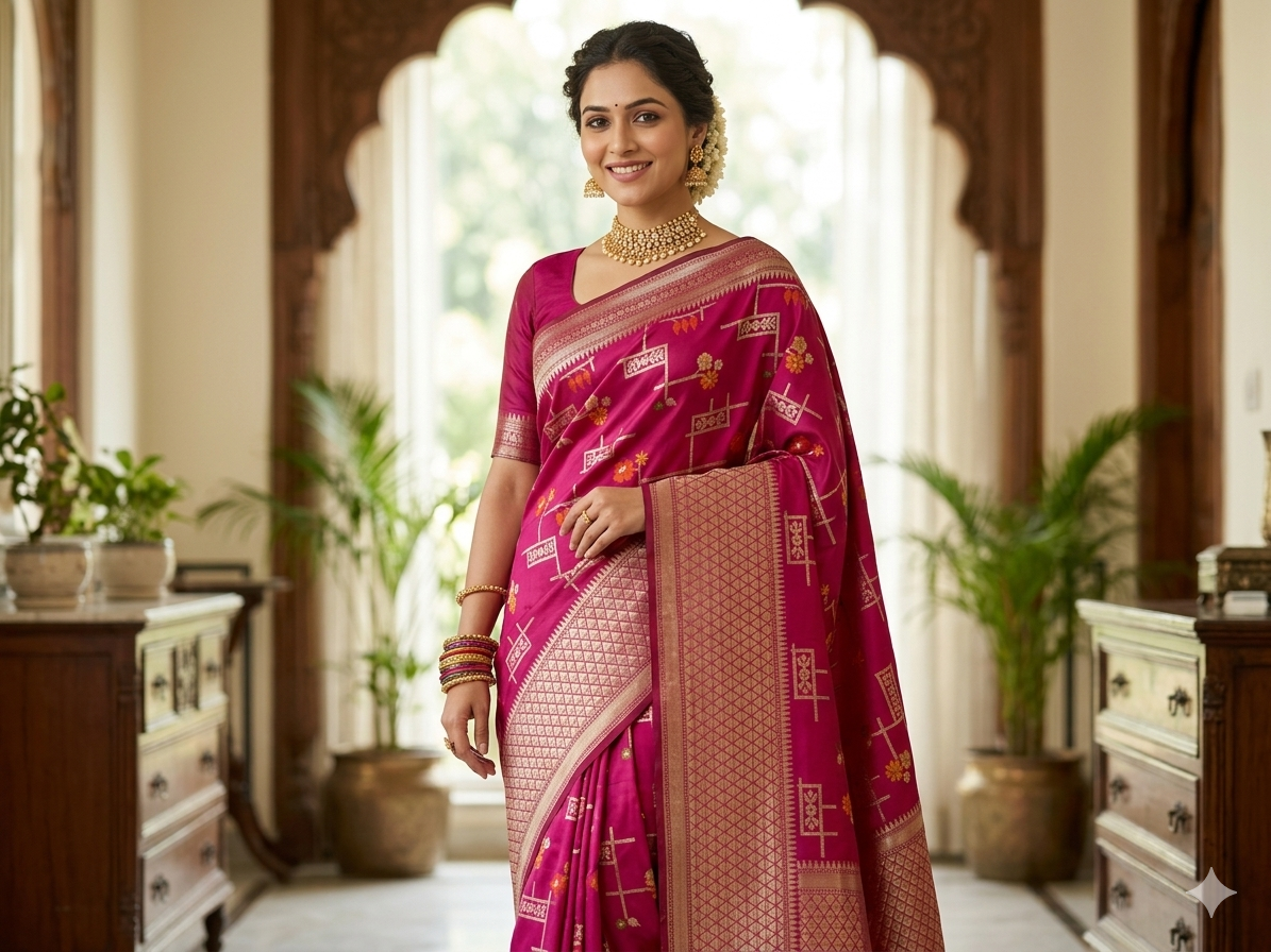Luxury Rani Pink Silk Saree with Gold Zari | Premium Banarasi Style Saree for Office, Festive & Elegant Wear