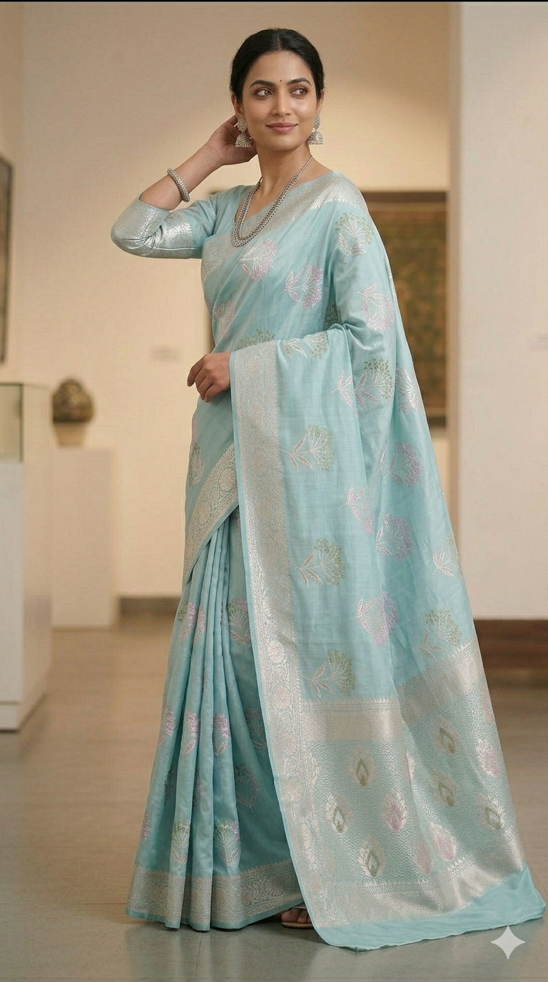 Sea Green Silk Saree with Zari Border | Lightweight Office & Party Wear Saree