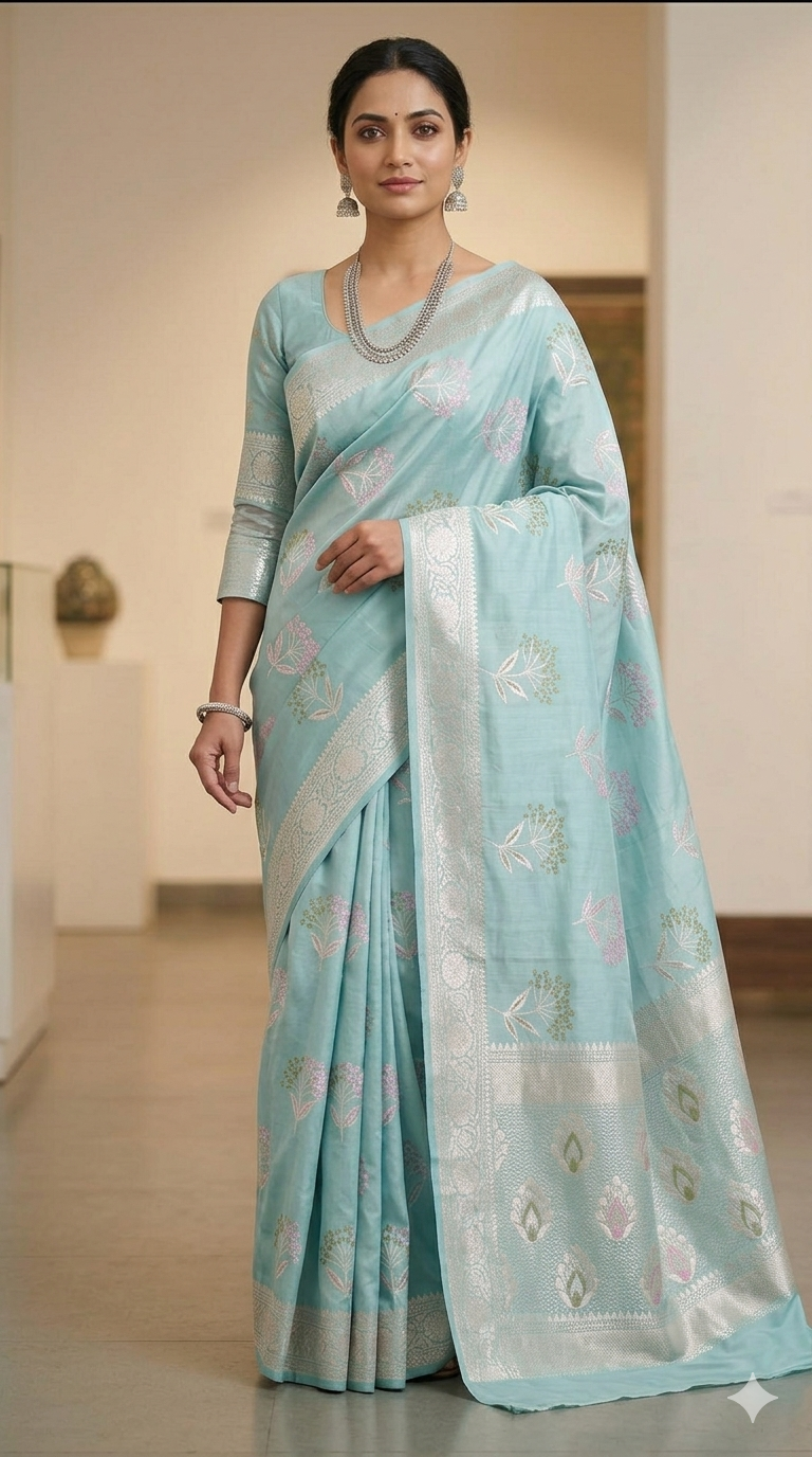 Sea Green Silk Saree with Zari Border | Lightweight Office & Party Wear Saree