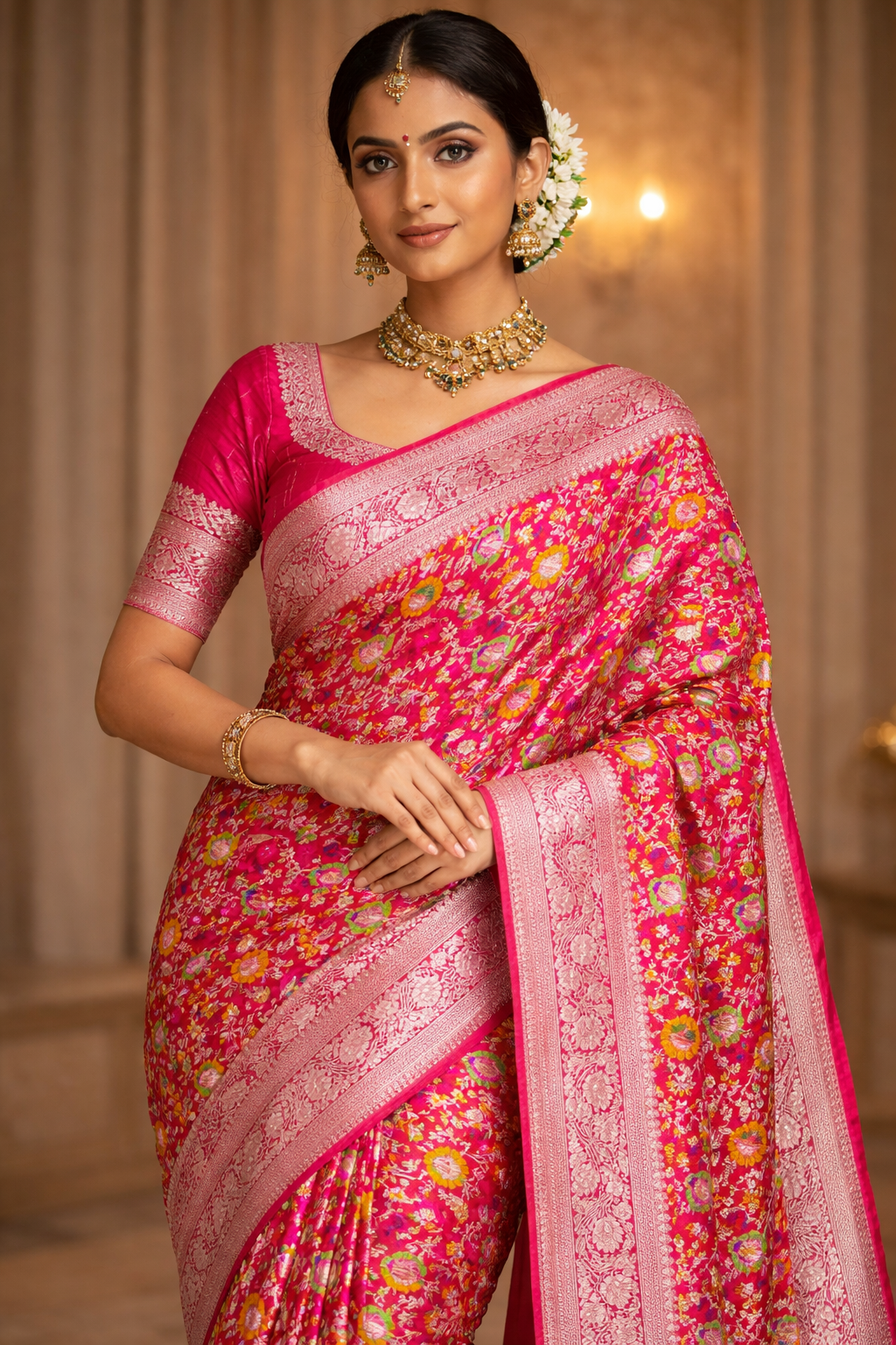 Premium Mashru Silk Saree with Full Body 5-Color Meenakari Weaving