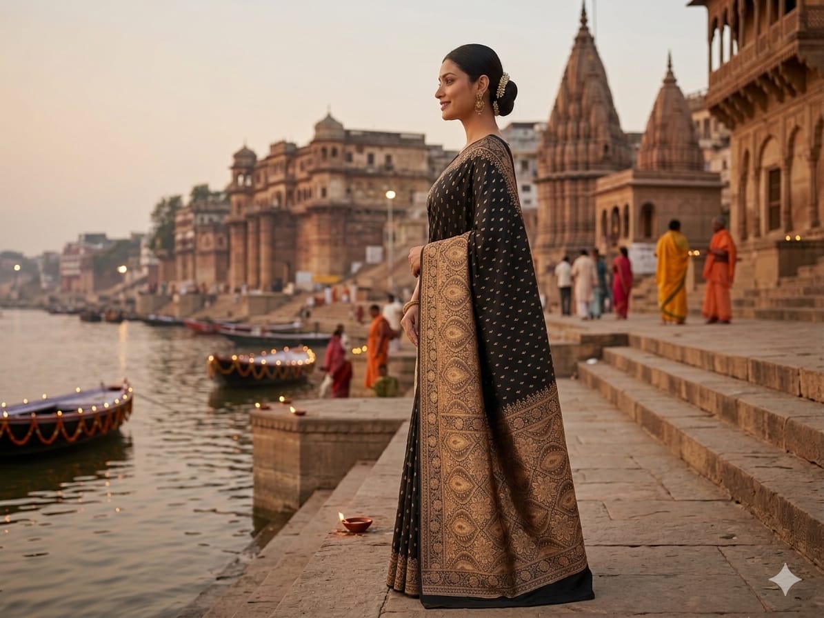 Regal Midnight Black Mashru Silk Saree with Antique Copper Zari Pallu
