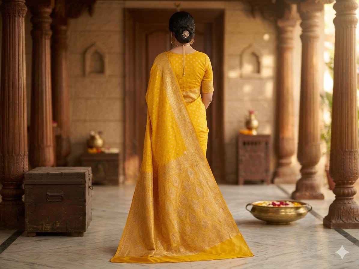 Elegant Yellow Mashru Silk Saree with Woven Zari Pallu | Premium Ethnic Wear