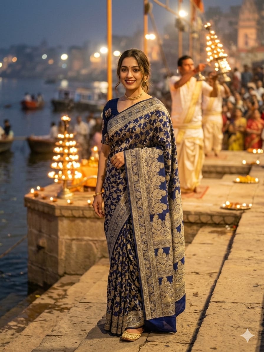 Midnight Blue Katan Silk Jaal Saree with Antique Zari Work – Elegant Occasion Wear