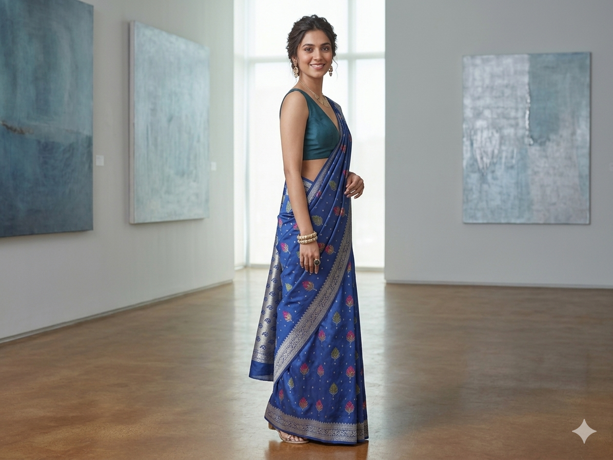 Modern Royal Blue Silk Saree with Silver Zari Border | Elegant Office & Occasion Wear