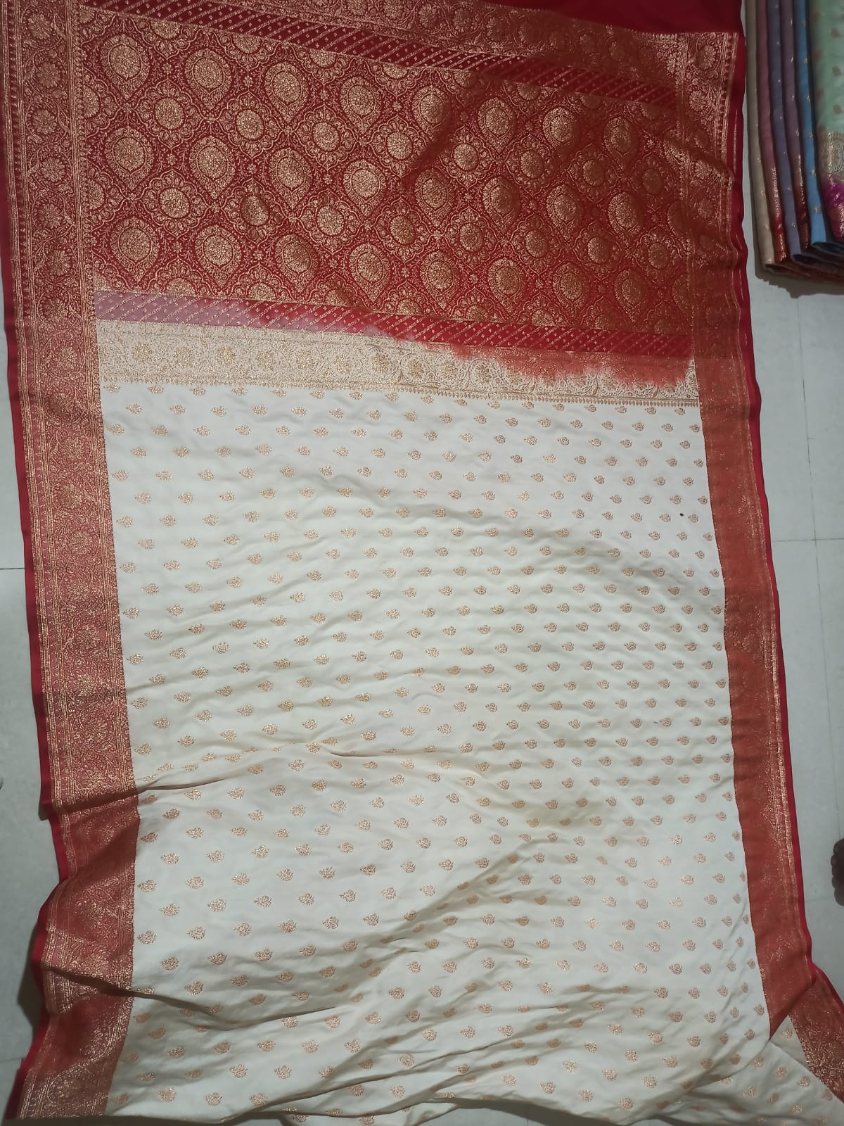 Ivory White Katan Silk Banarasi Saree with Red Zari Border & Gold Buti Work