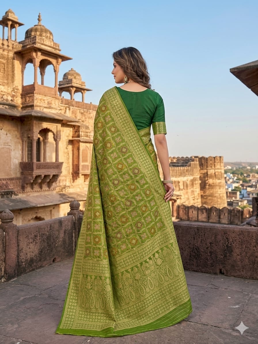 Green Bandhej Saree for Women – Traditional Tie-Dye Ethnic Wear with Elegant Border