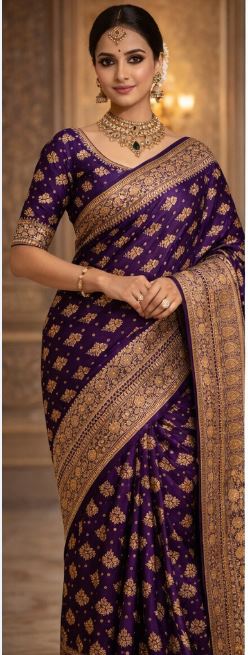 Katan Silk Saree with Floral Buti Weaving | Elegant Banarasi Style Silk Saree