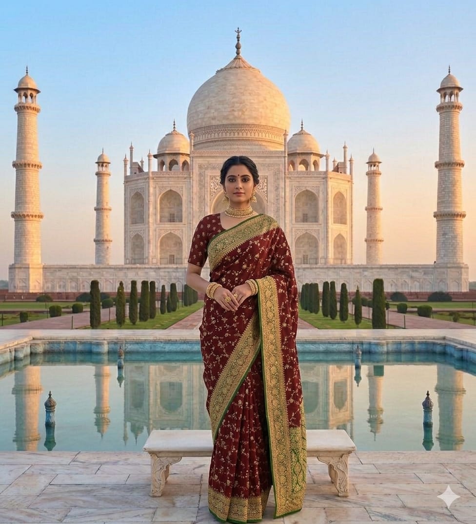 Elegant Maroon Jaal Saree with Green Zari Border – Traditional Festive & Wedding Wea