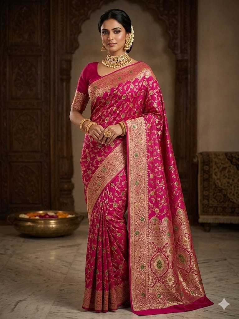 Rani Pink Katan Silk Saree with Full Body Meenakari Work