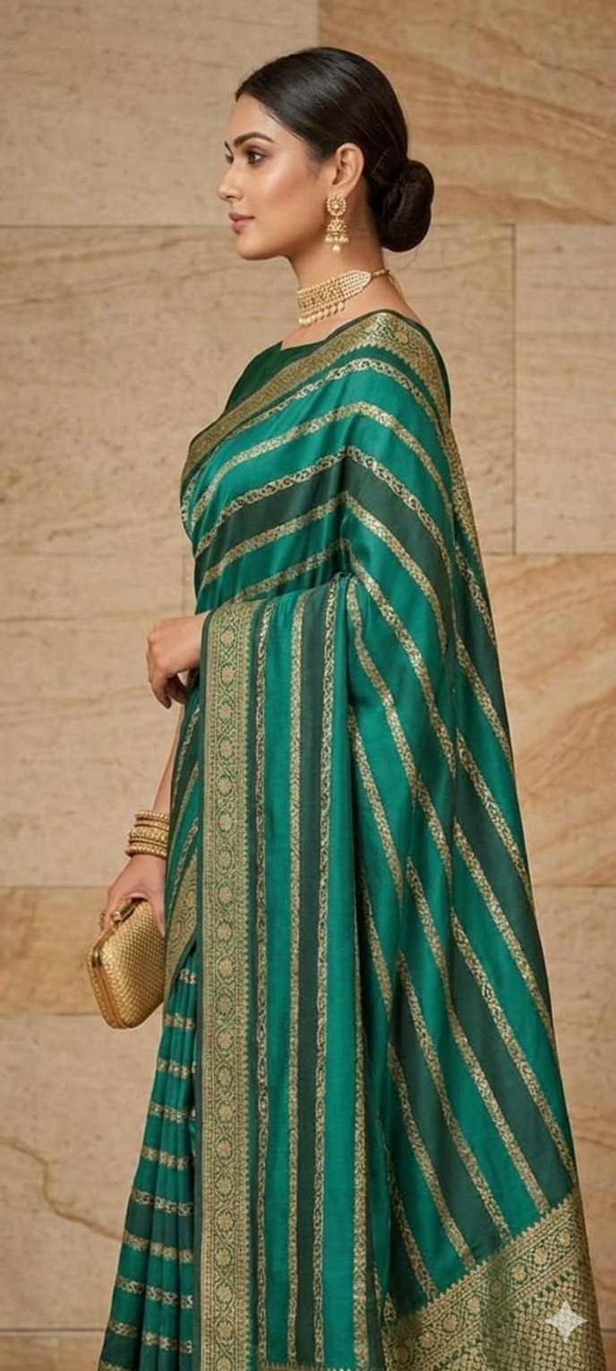 Emerald Green Mashru Silk Saree with Golden Zari Weaving | Lightweight Party Wear Saree | Mishika Sarees