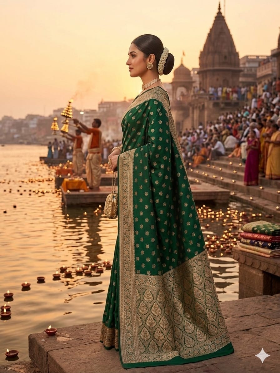 Royal Emerald Green Katan Silk Banarasi Saree | Golden Zari Floral Butis & Ornate Pallu