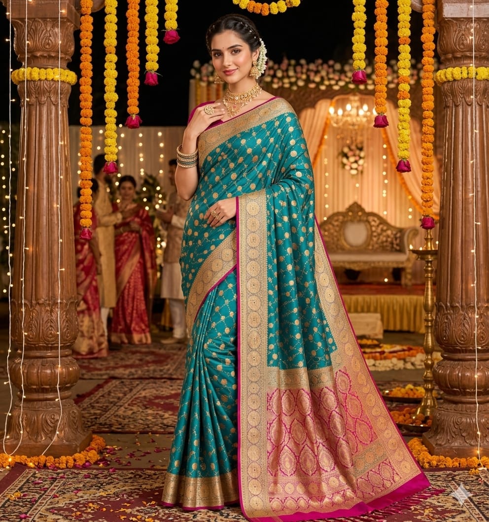 Teal Katan Silk Contrast Saree with Jaal Design & Zari Work – Modern Wedding & Festive Wea
