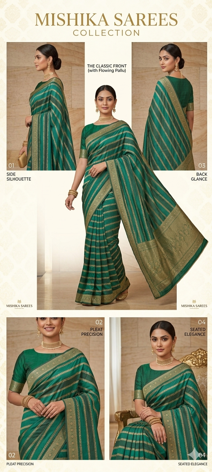 Emerald Green Mashru Silk Saree with Golden Zari Weaving | Lightweight Party Wear Saree | Mishika Sarees