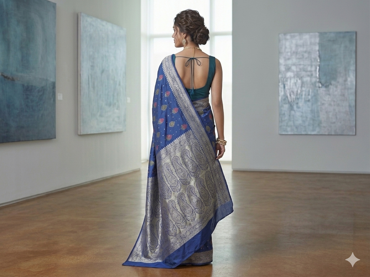 Modern Royal Blue Silk Saree with Silver Zari Border | Elegant Office & Occasion Wear