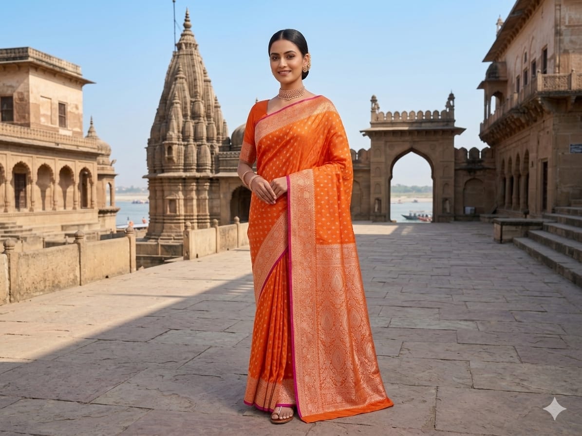 Radiant Tangerine Orange Mashru Silk Saree with Ornate Banarasi Zari Pallu | 5.5m Premium Festive Wear with 0.8m Blouse