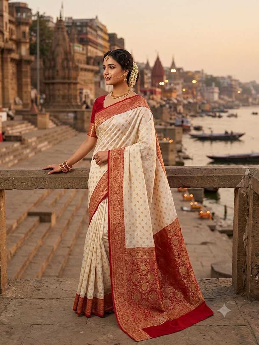 Ivory White Katan Silk Banarasi Saree with Red Zari Border & Gold Buti Work