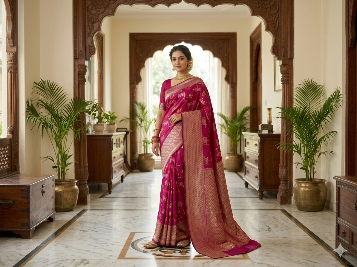 Luxury Rani Pink Silk Saree with Gold Zari | Premium Banarasi Style Saree for Office, Festive & Elegant Wear
