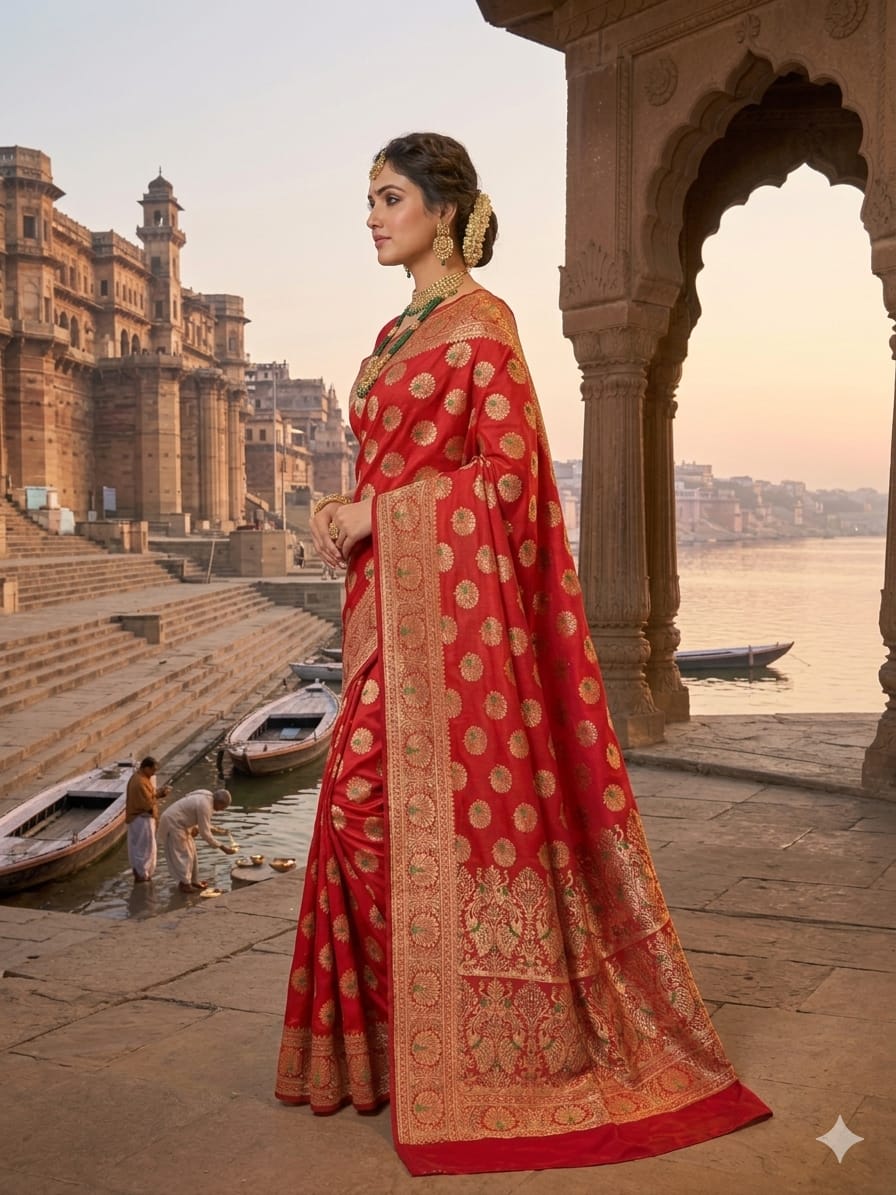 Royal Red Katan Silk Saree with Intricate Peacock Zari Work – Luxury Wedding & Festive Wear